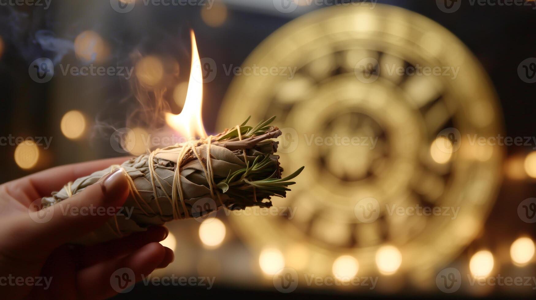 Smoky ritual with burning sage in front of a glowing decorative backdrop during a serene evening atmosphere photo