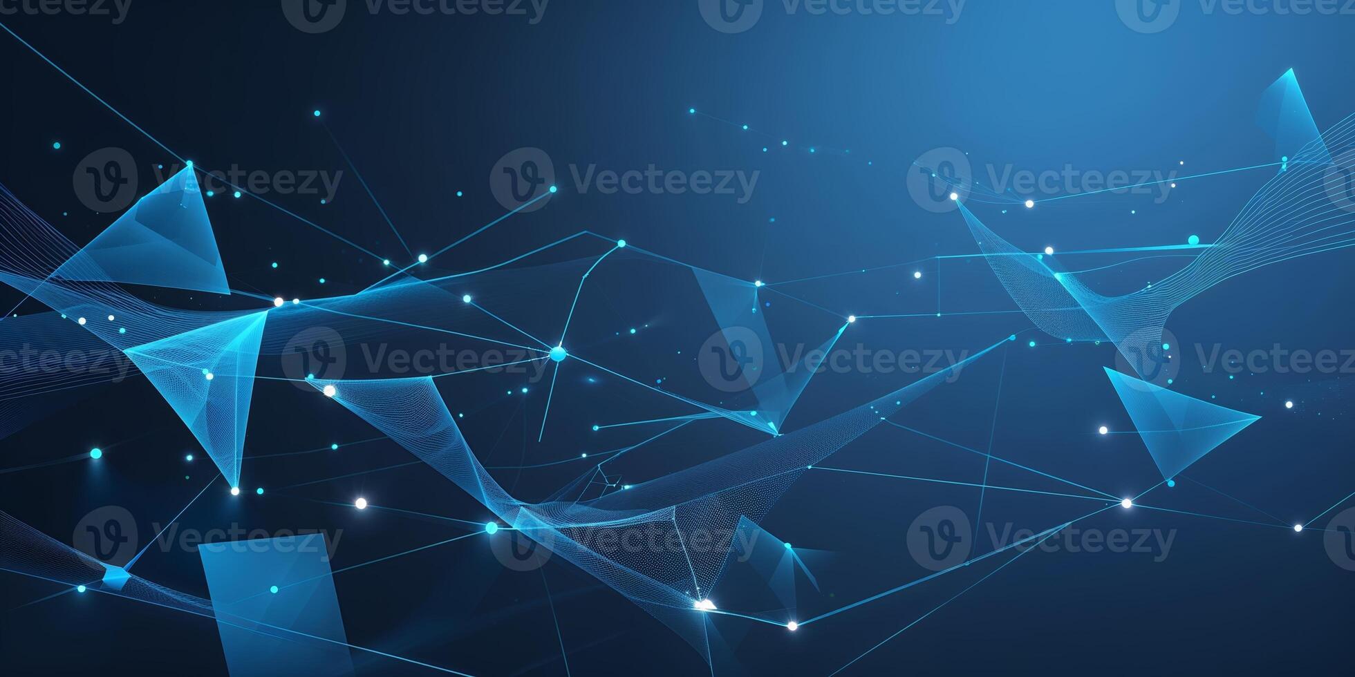 Abstract digital network with blue geometric shapes and glowing nodes in a dark background photo