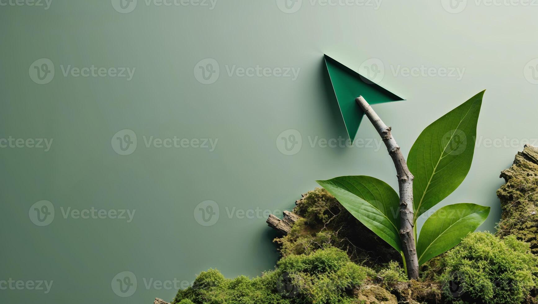 Green paper plane and plant growing together on a soft moss background under natural light photo