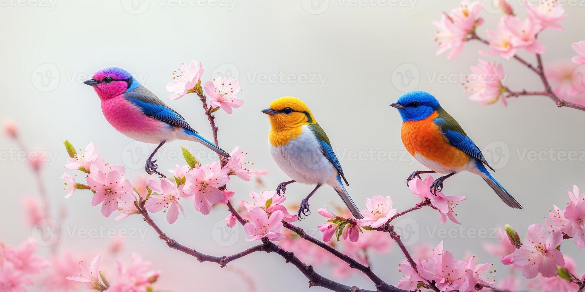 Colorful birds perched on cherry blossom branches during springtime in a serene garden photo