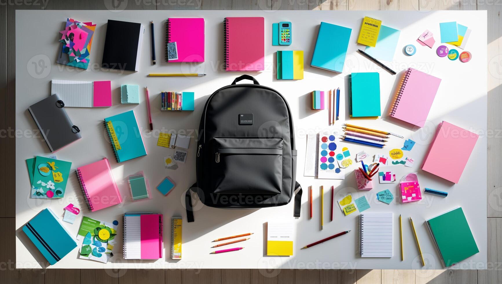 Bright and colorful study space with stationery, notebooks, and a backpack at home photo