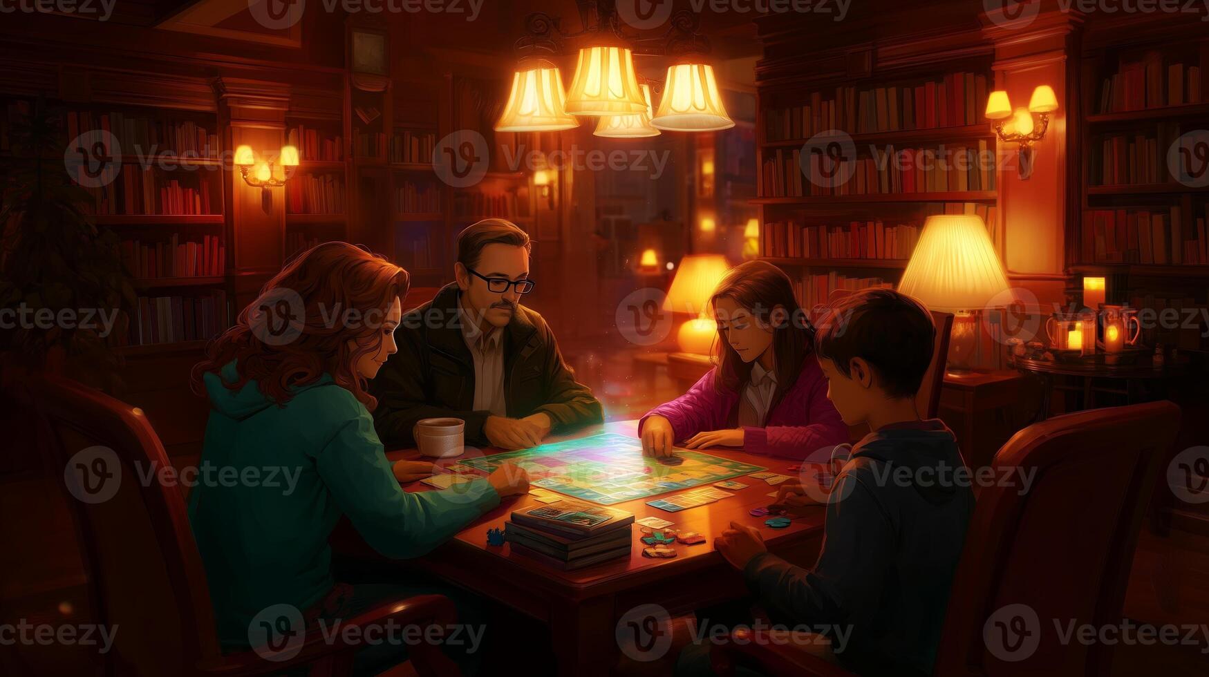 Cozy evening of family board games in a warm library setting photo