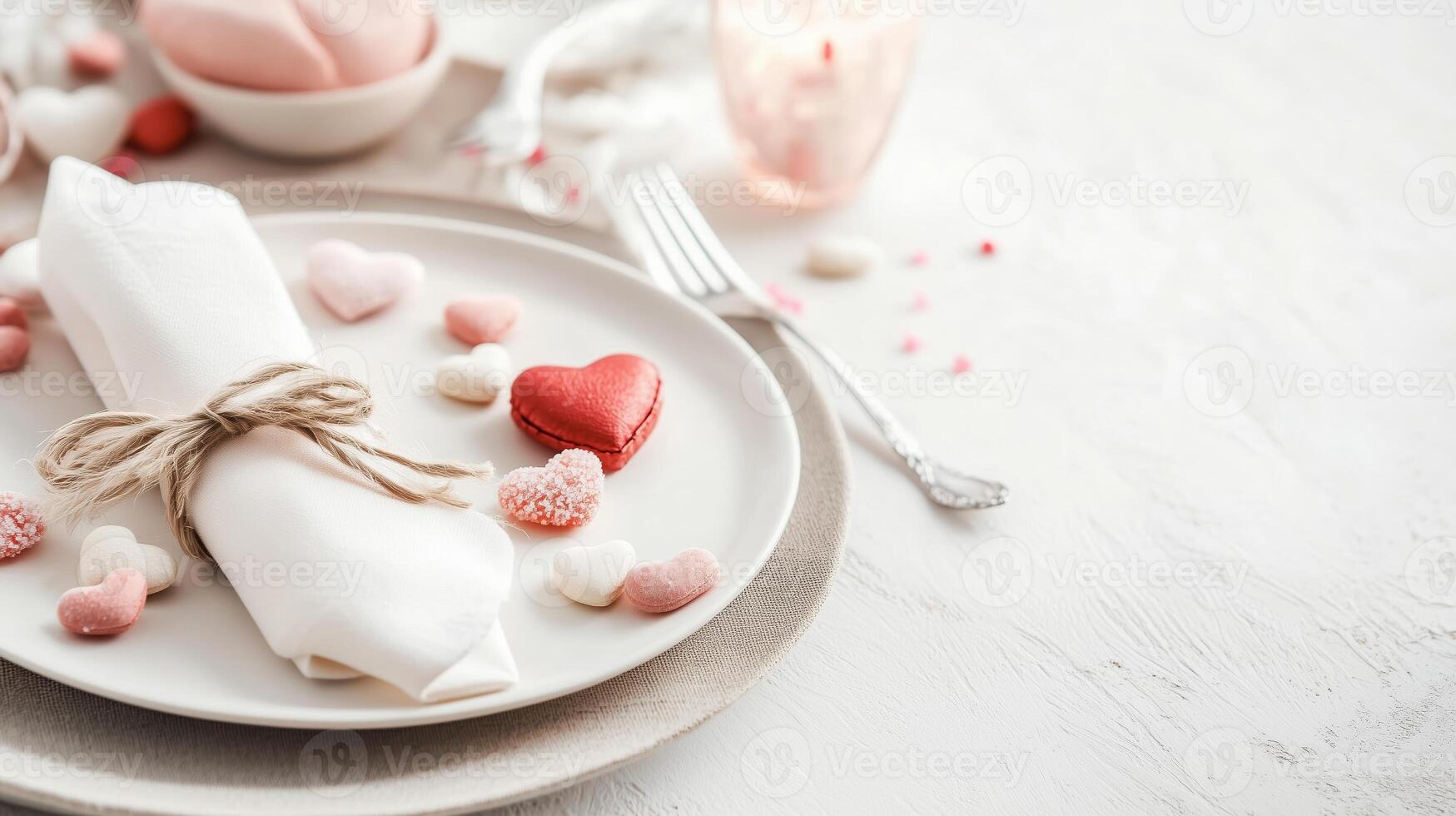 Heart-shaped decorations enhance a romantic table setting with sweets for a special occasion photo