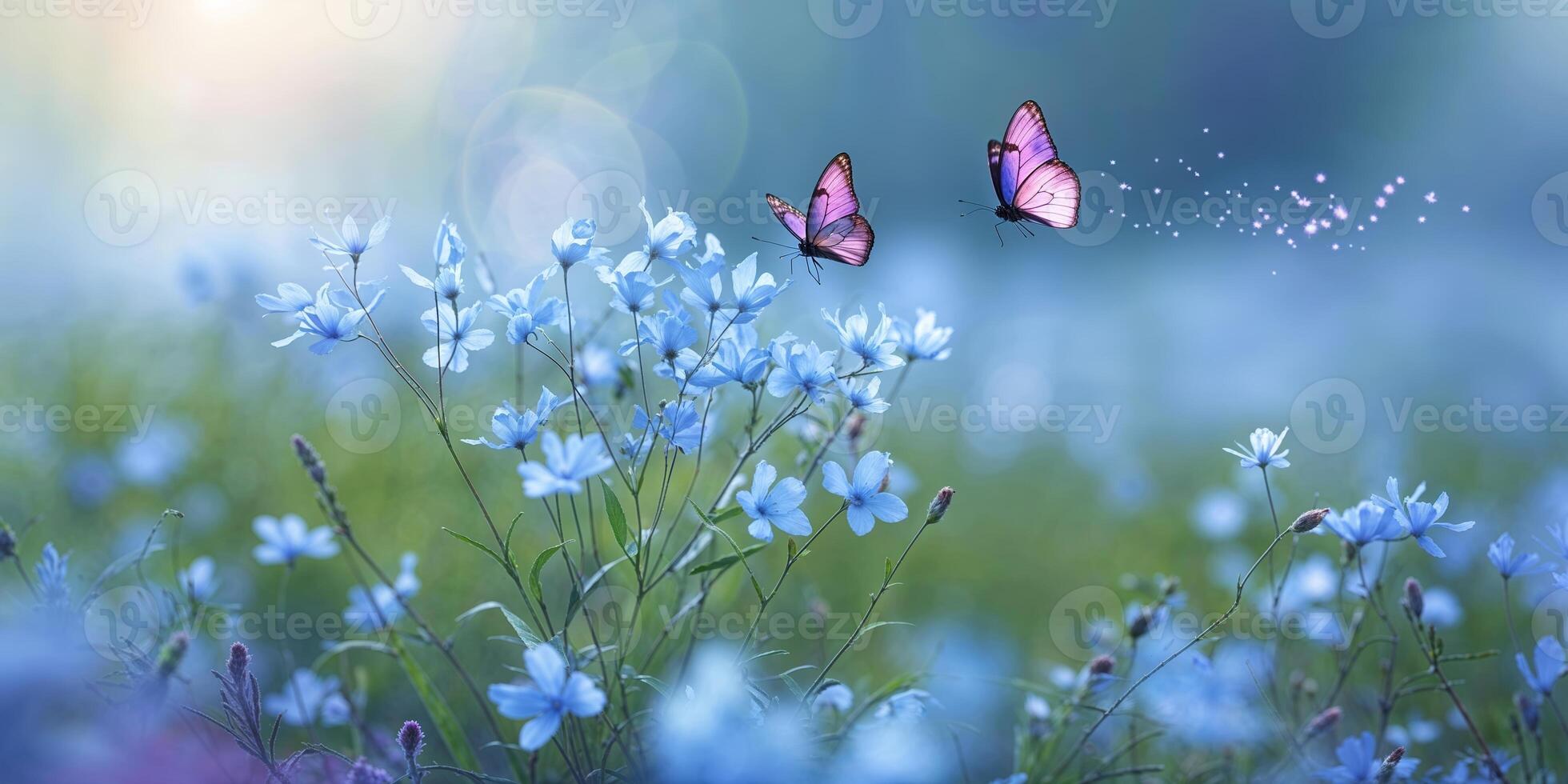 Colorful butterflies fluttering over delicate blue flowers in a serene natural setting at dawn photo