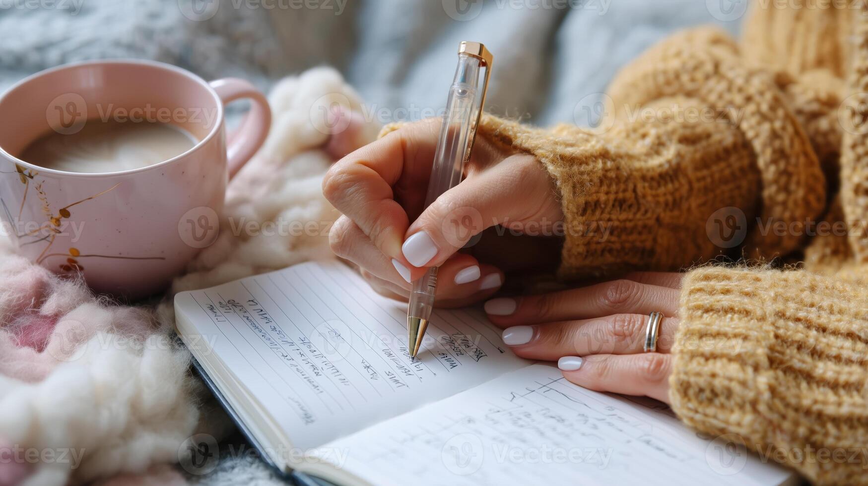 Cozy afternoon writing in a notebook with a warm drink on a soft blanket photo