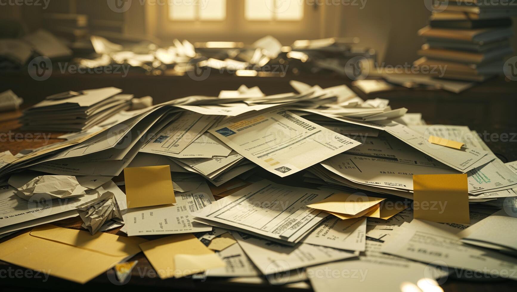 Messy stack of paperwork accumulates on desk in a cluttered office environment during late afternoon light photo