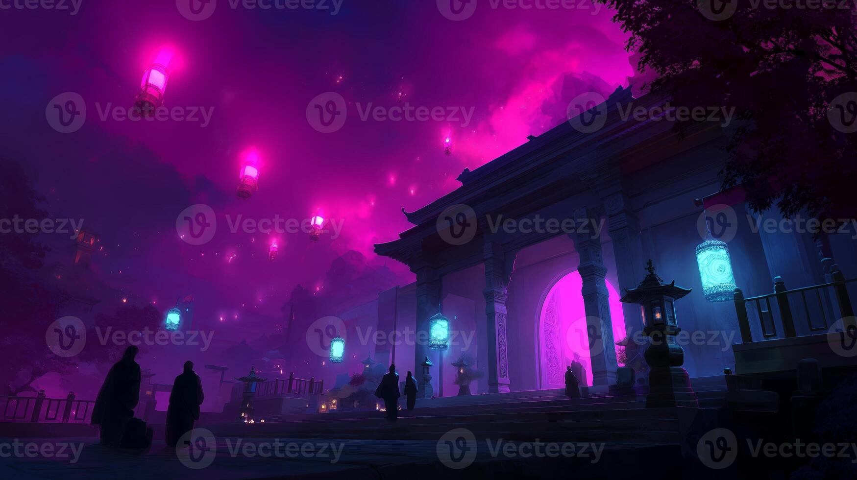 Mysterious night at an ancient temple with colorful lanterns illuminating the sky and reflecting on tranquil waters photo