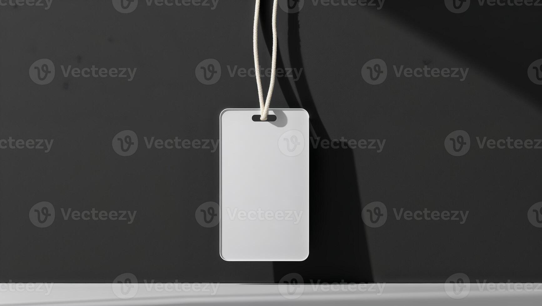 Blank tag hanging against a dark background with shadow detail created by lighting photo