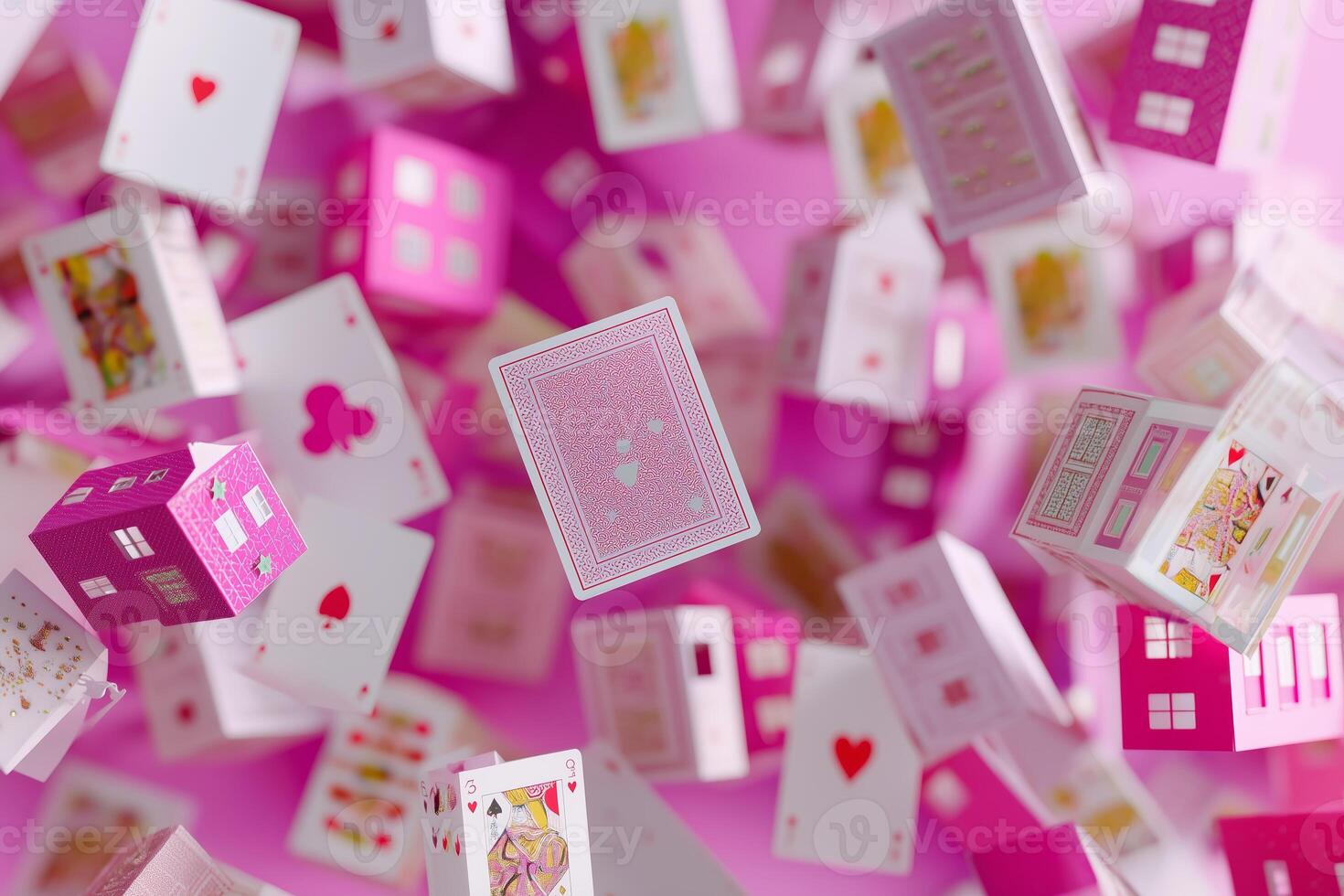 Colorful card-themed decorations float in the air, creating a whimsical display in a playful atmosphere photo