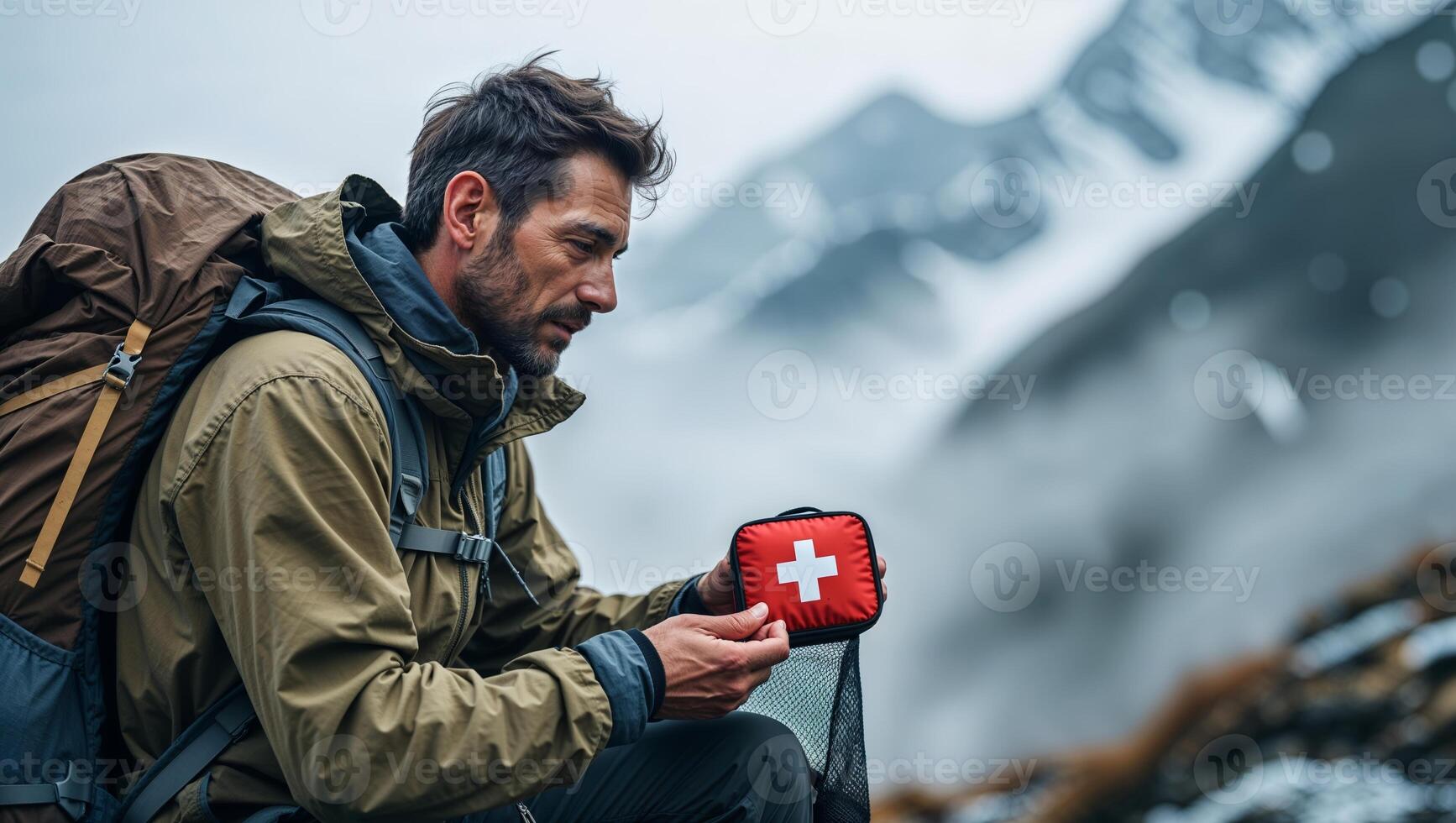 Preparing a first aid kit before hiking through misty mountains during early morning hours in a remote location photo
