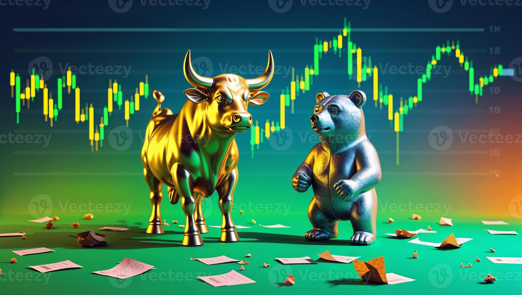 Bull and bear figures stand on colorful background with stock market trends depicted in the backdrop photo