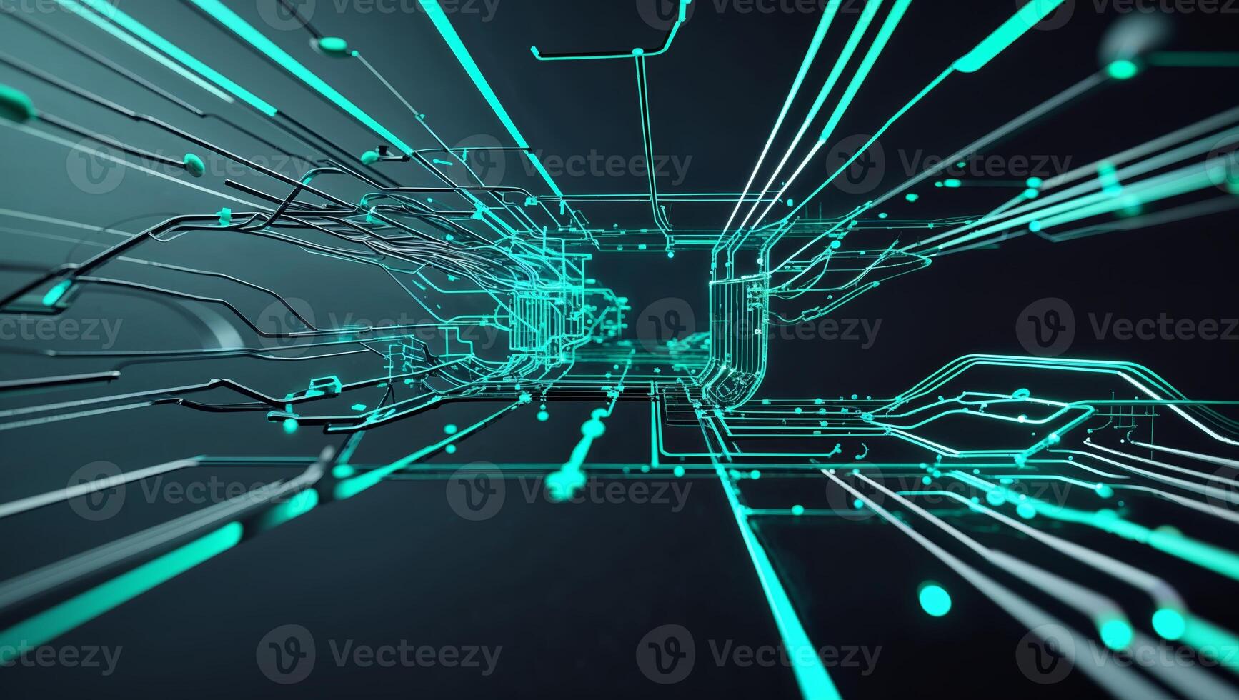 Visual representation of digital circuitry showcasing dynamic light trails and interconnected pathways in a futuristic setting photo