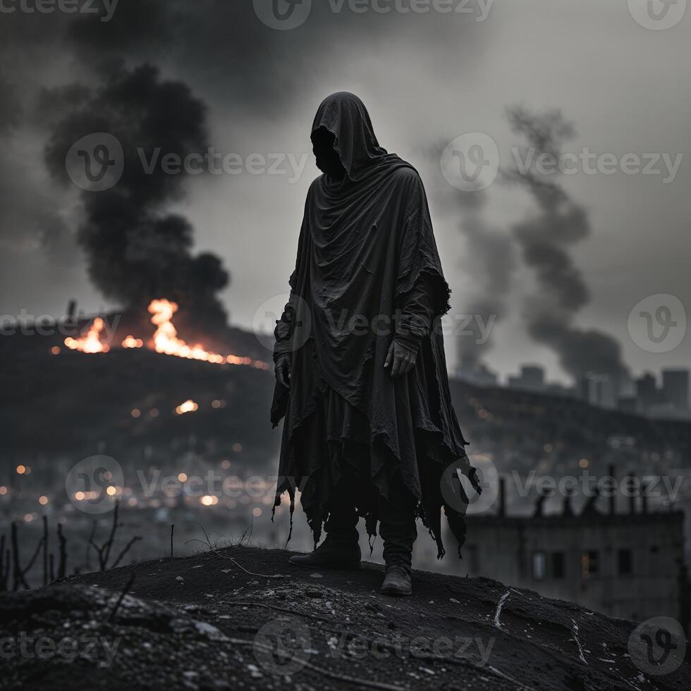Mysterious figure stands amidst fire and smoke in a desolate landscape during a dramatic dusk photo