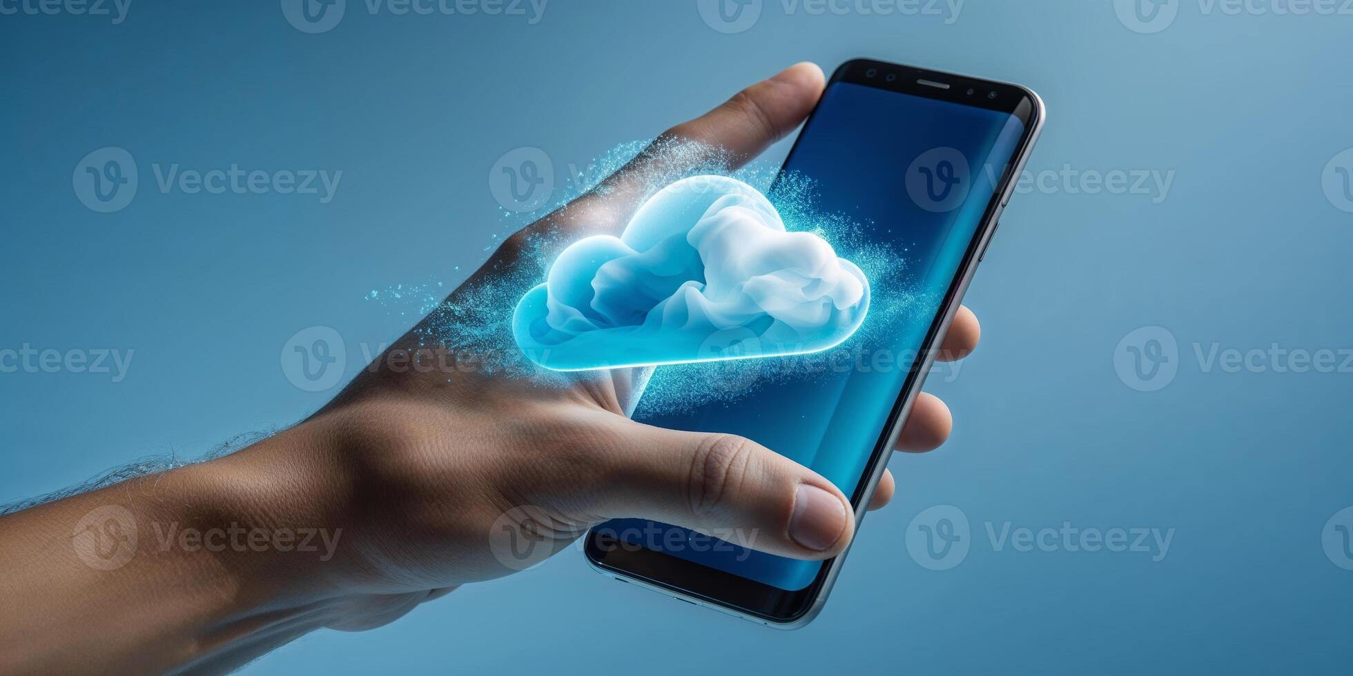 Innovative technology showing a hand holding a smartphone with digital cloud graphics emerging from the screen photo