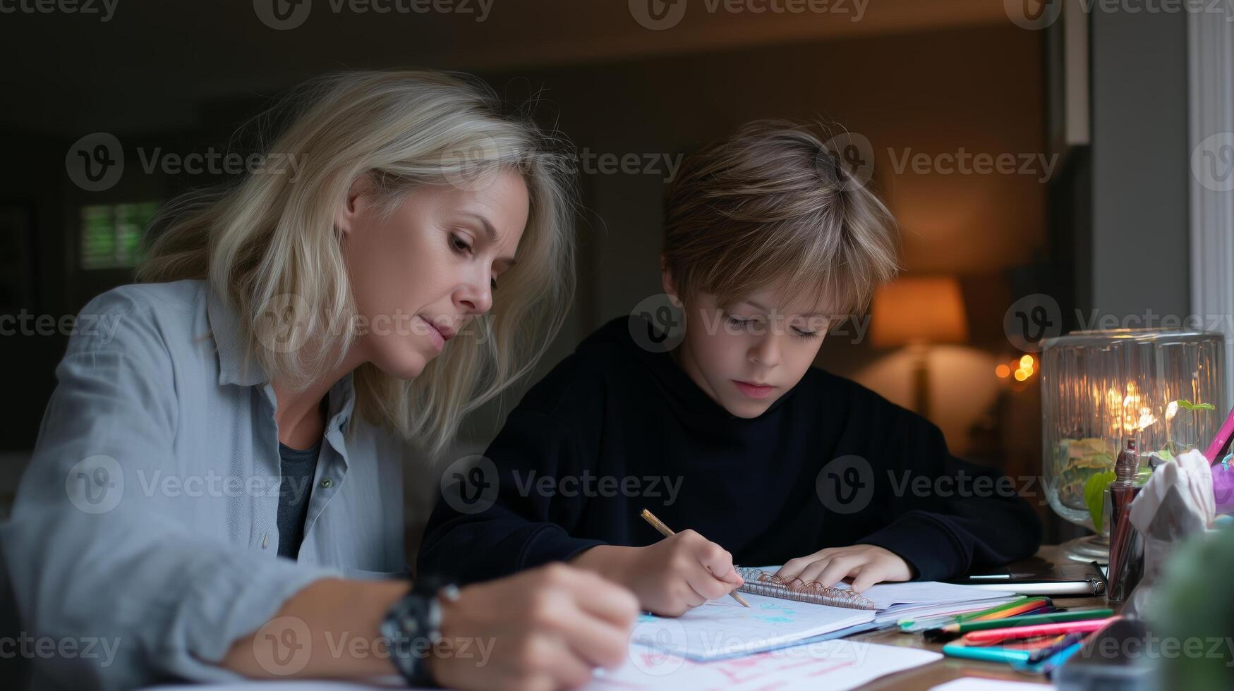 Mother and son engaging in home study session during evening hours in a cozy living space photo