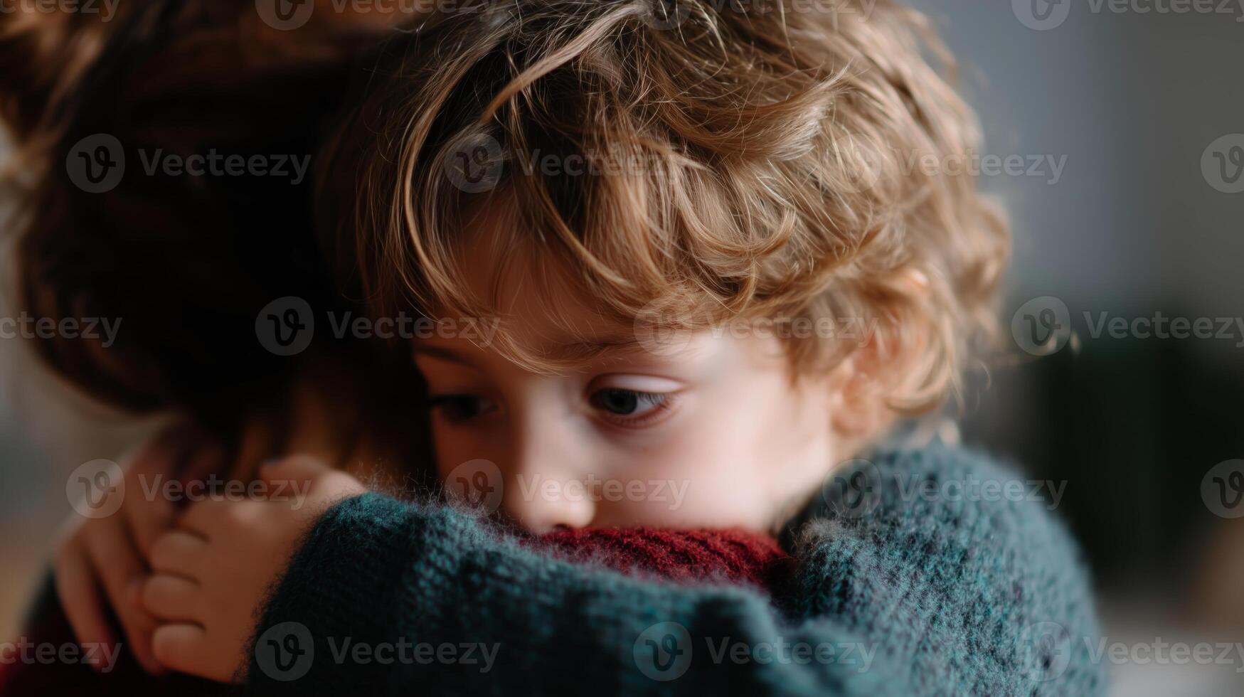Emotional moment of a child hugging a parent indoors in a cozy setting during late afternoon photo