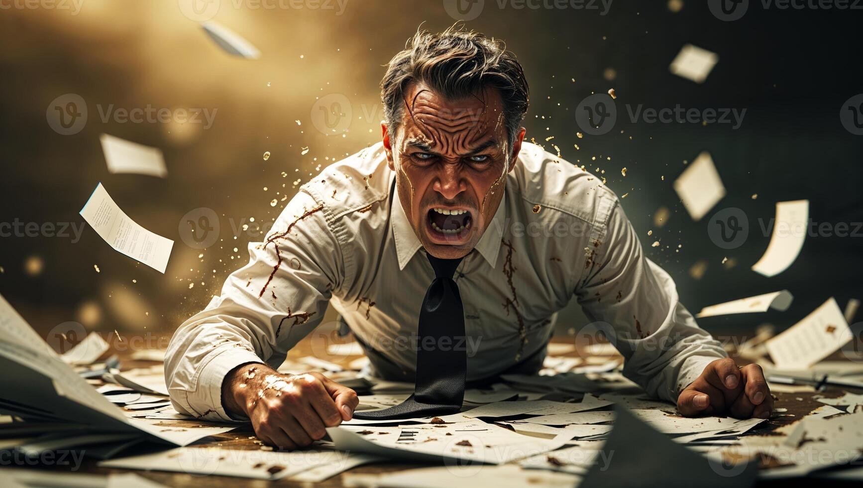 Frustrated businessman overwhelmed by paperwork during a chaotic office situation photo