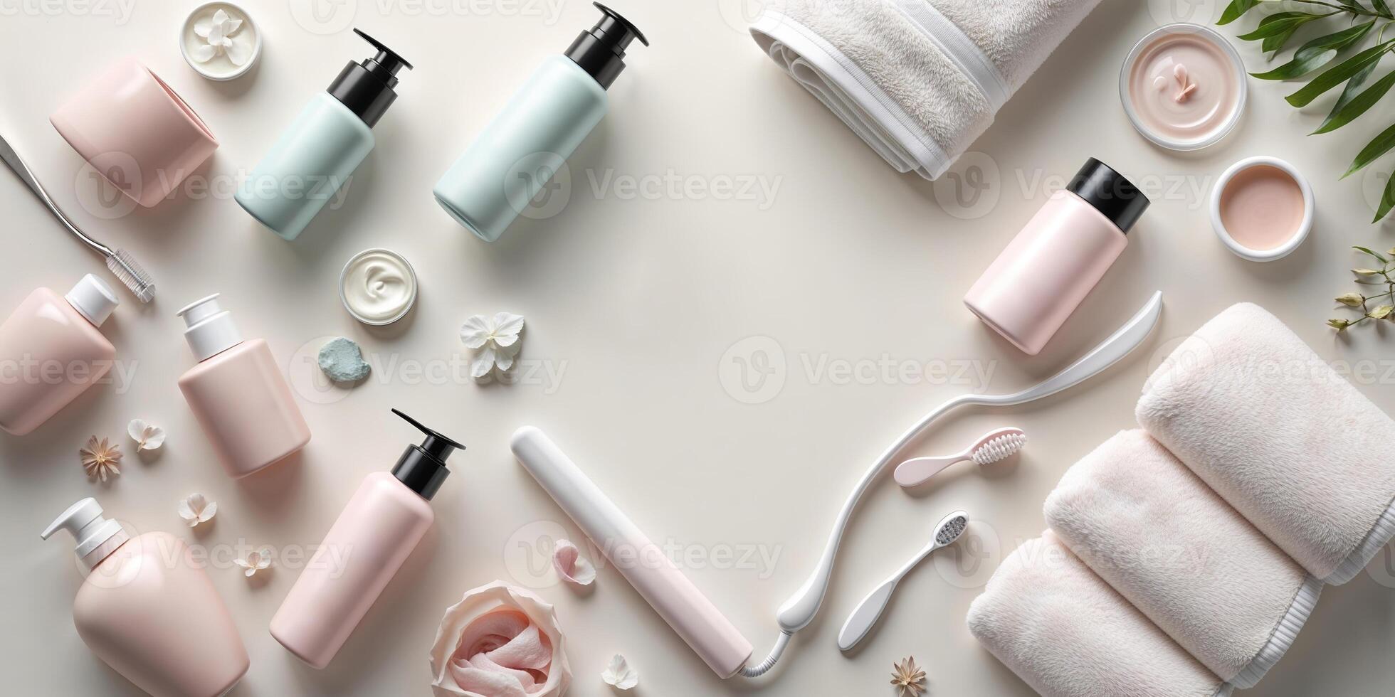 Spa essentials laid out on a neutral surface for relaxation and self-care activities photo