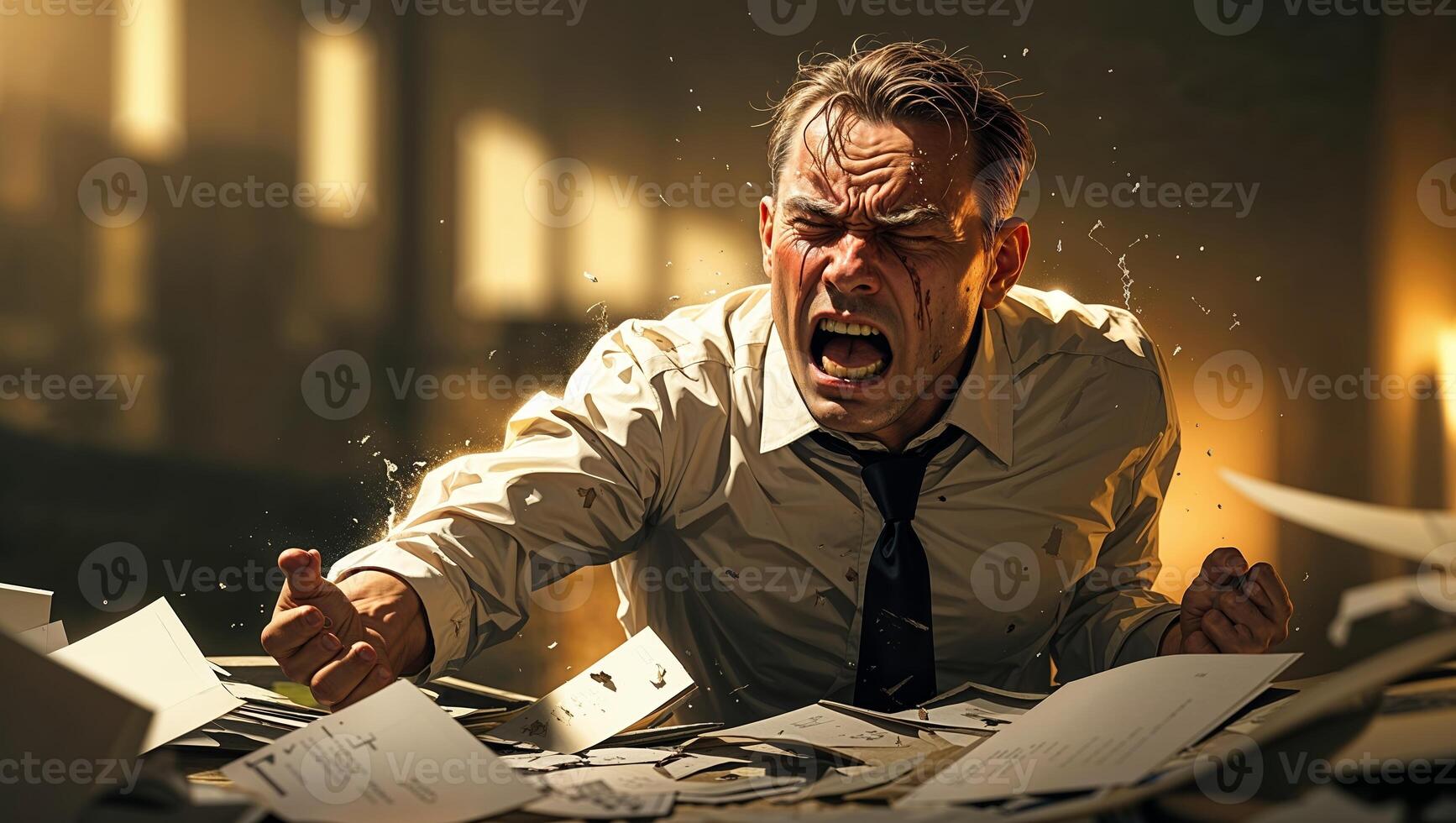 Frustrated man surrounded by scattered papers in an office environment during a chaotic moment photo
