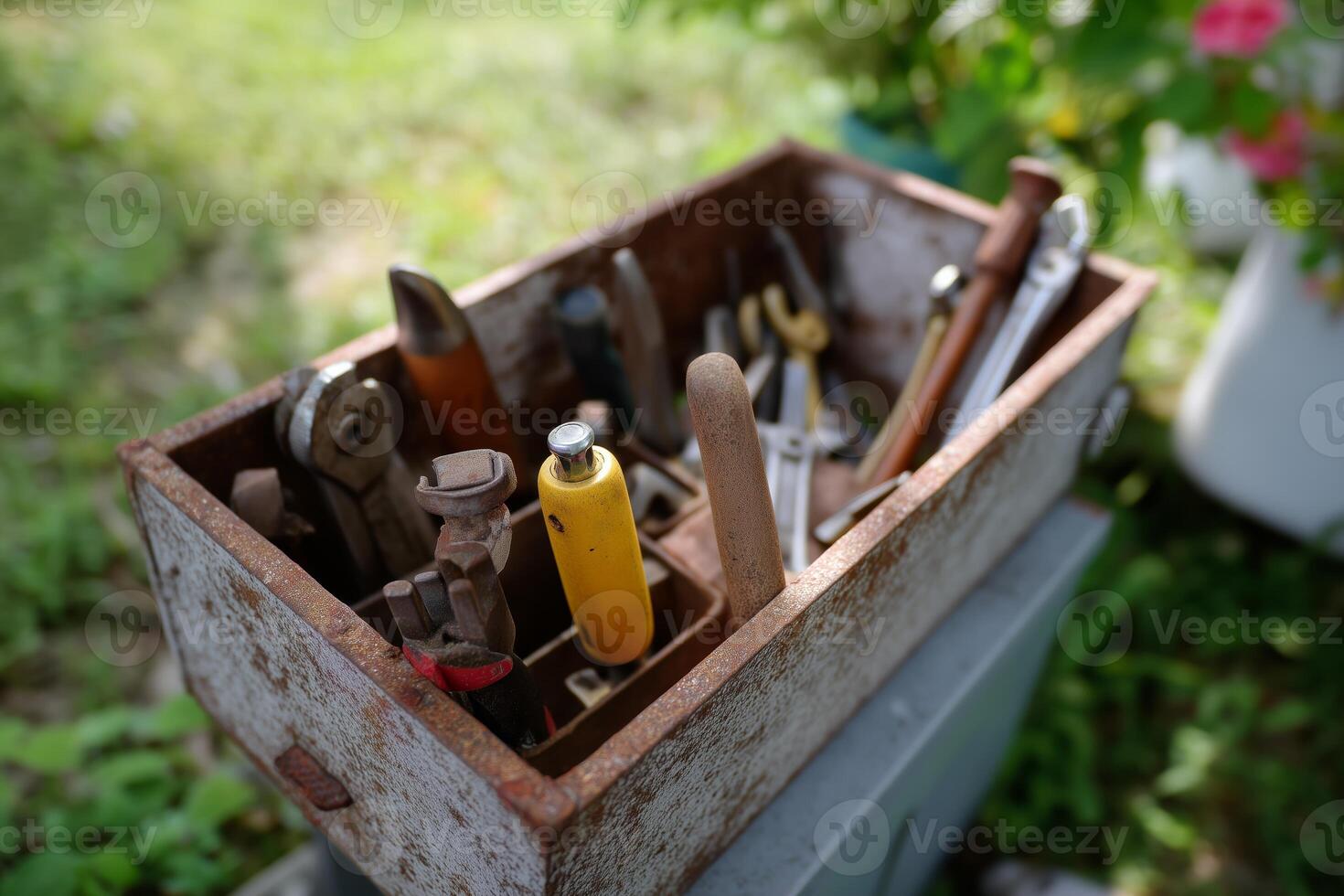 Rustic toolbox filled with various hand tools resting on a grassy surface during midday photo