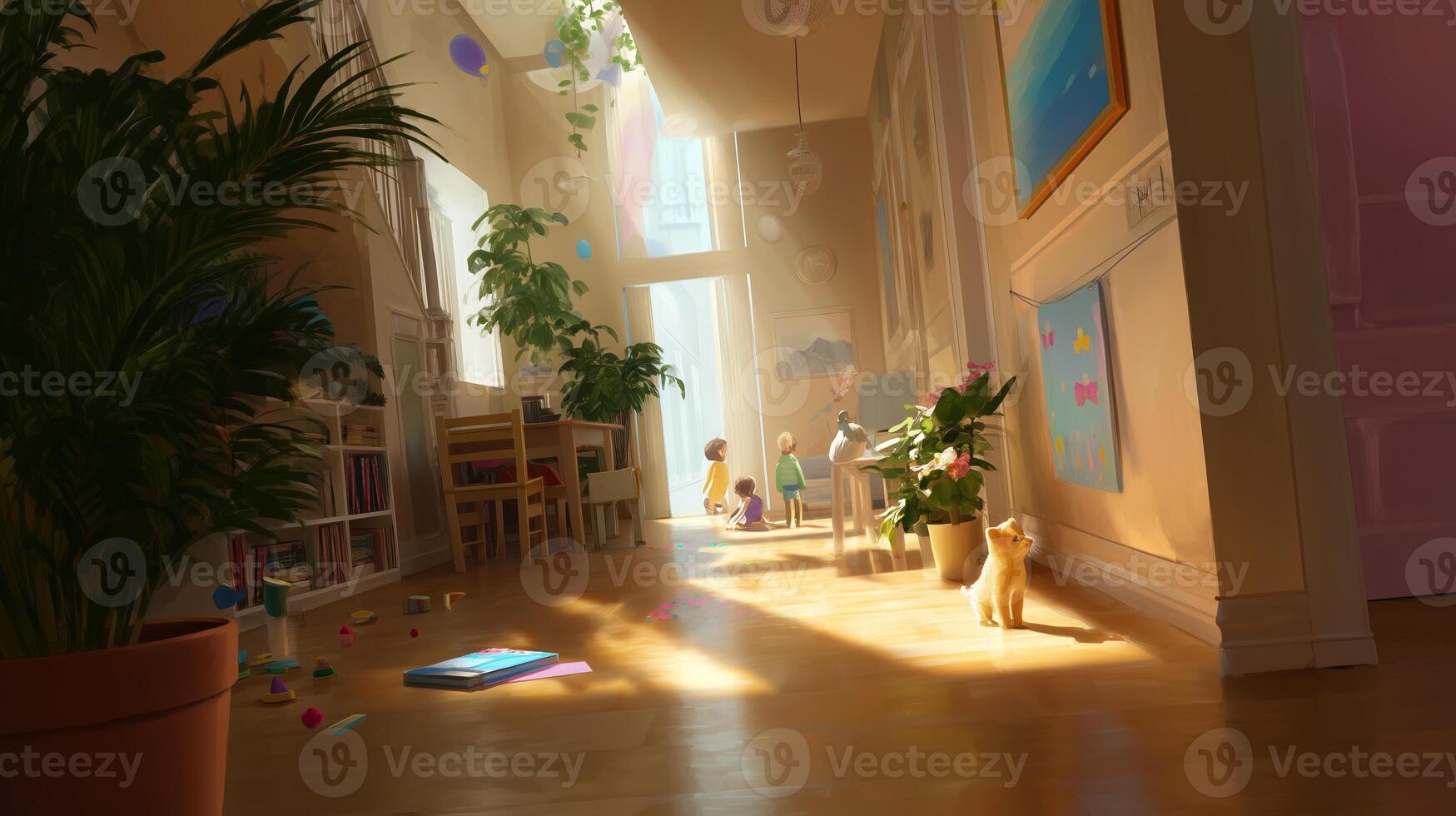 Children playing joyfully in a sunlit hallway filled with plants and scattered toys photo