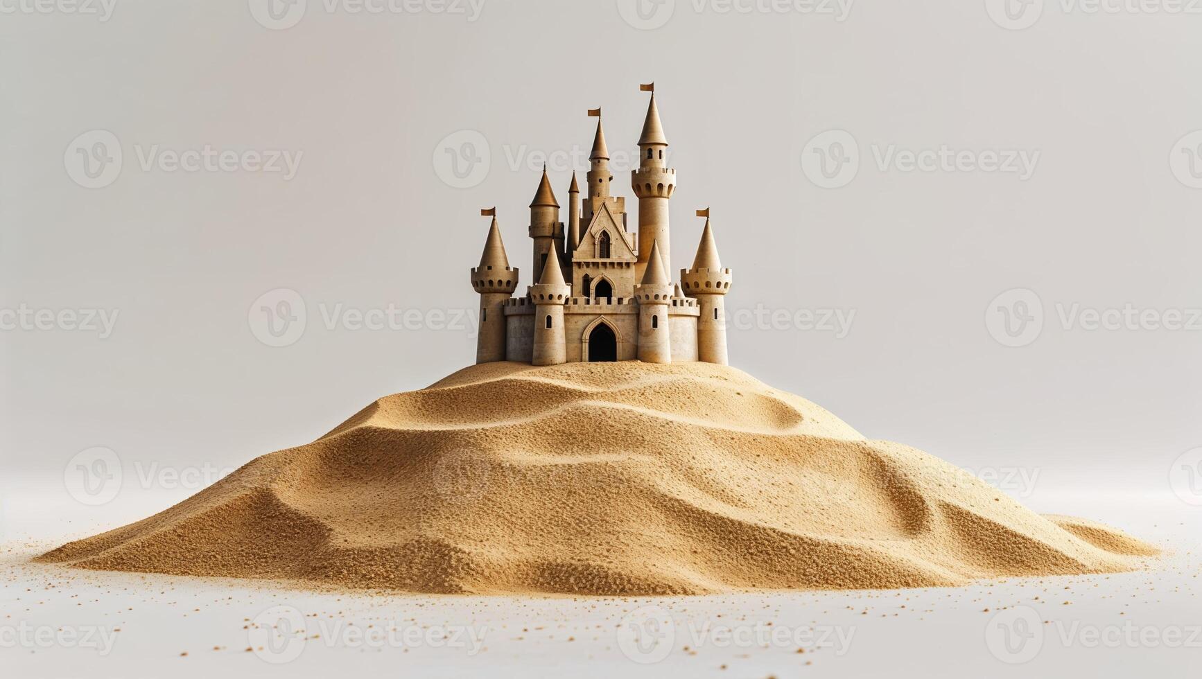 Sandcastle prominently displayed on a sandy mound in a minimalist setting showcasing artistic craftsmanship photo