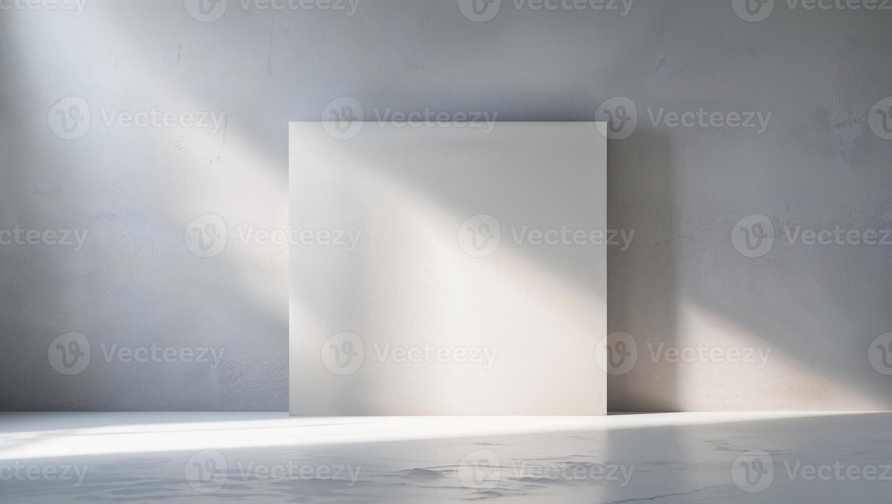 Empty white gallery wall illuminated by soft natural light, creating a serene and minimalist atmosphere ideal for art display or meditation photo
