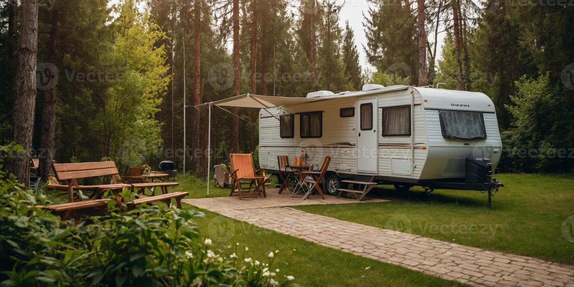 Cozy camper parked in a serene forest clearing surrounded by tall trees and natural beauty photo