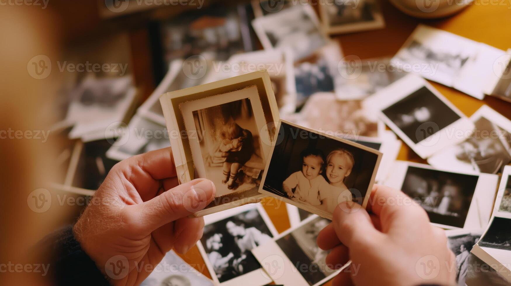 Exploring memories through old photographs on a wooden table filled with various snapshots photo