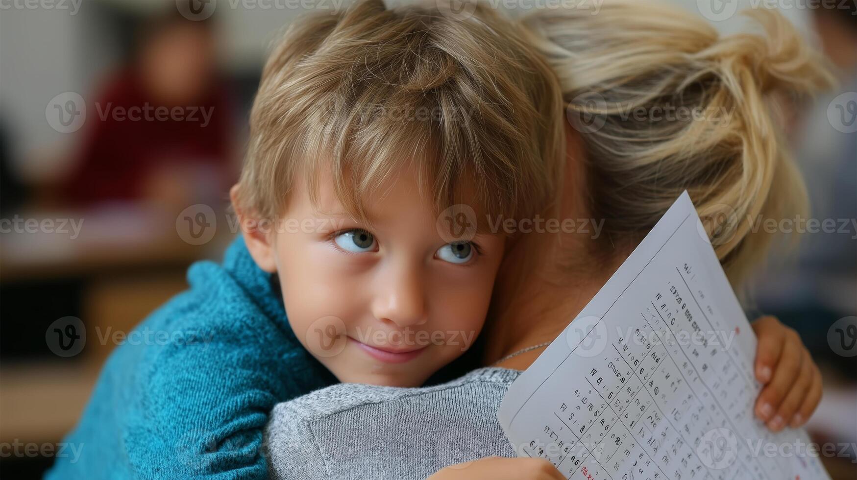Young boy hugs caregiver while showing a paper filled with letters during a classroom activity on a bright school day photo