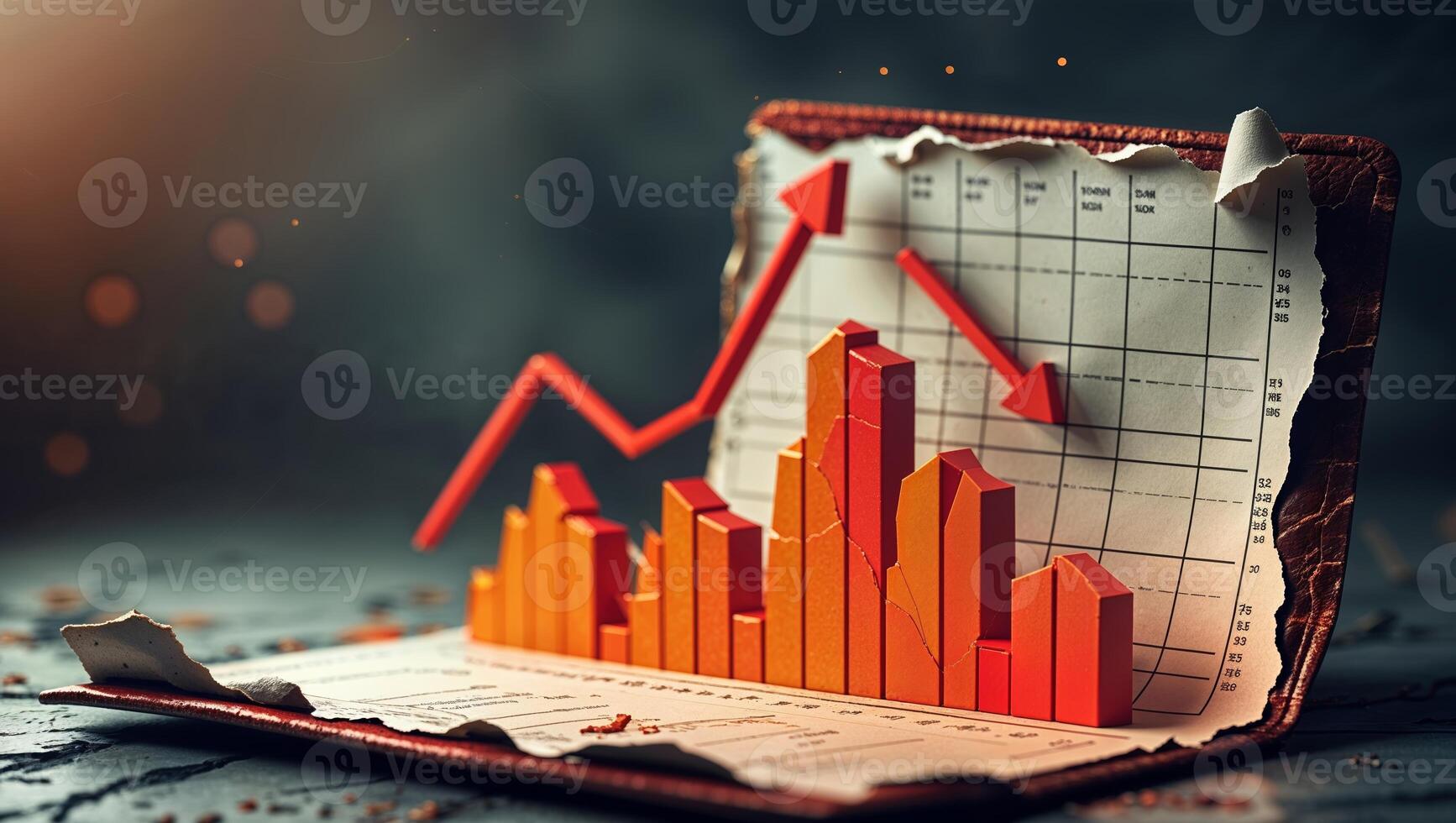 Creative 3D representation of financial data with rising and falling graphs in a dramatic setting photo