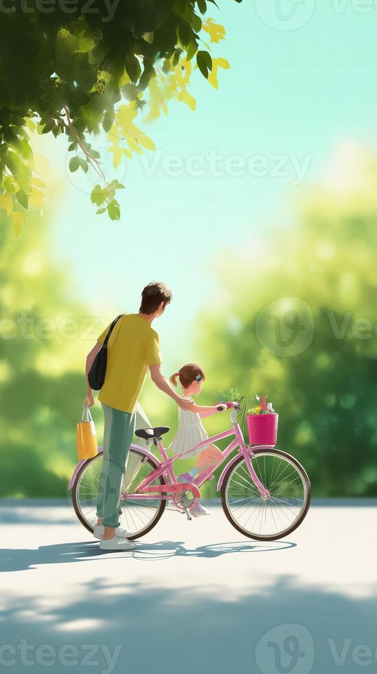Parent and child enjoy a sunny afternoon biking together in a vibrant, green park setting photo