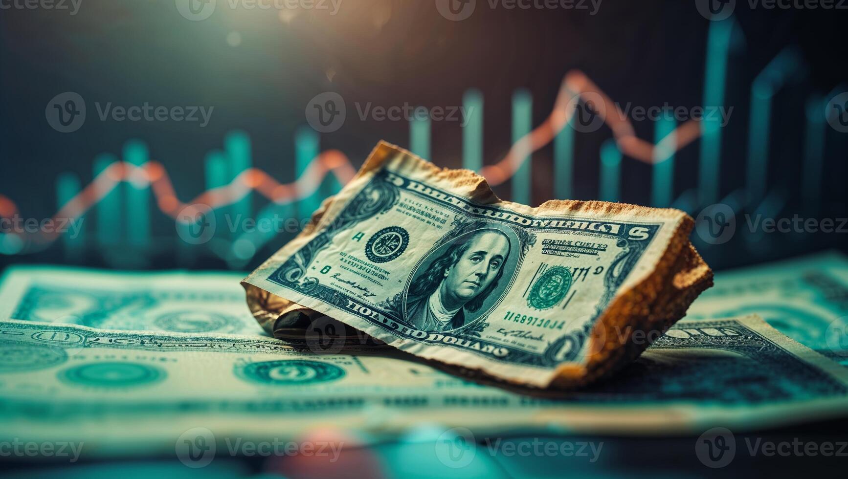 Financial trends and dollar bills highlighting economic fluctuations in a modern context during the evening photo