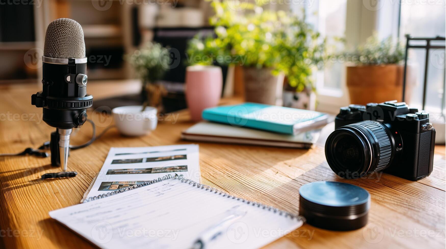 Workspace setup featuring a microphone, camera, and notepad in a bright room with greenery during daytime photo