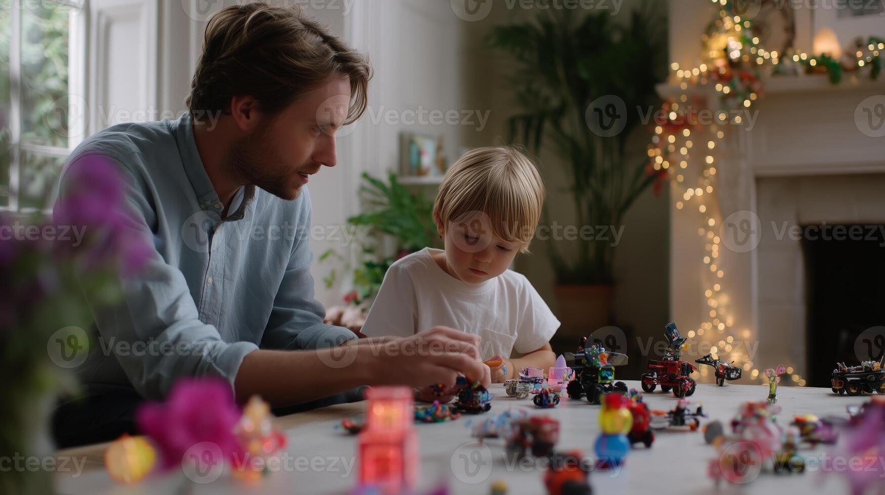 Father and son engaging in creative play with miniature toys at home during a cozy afternoon photo