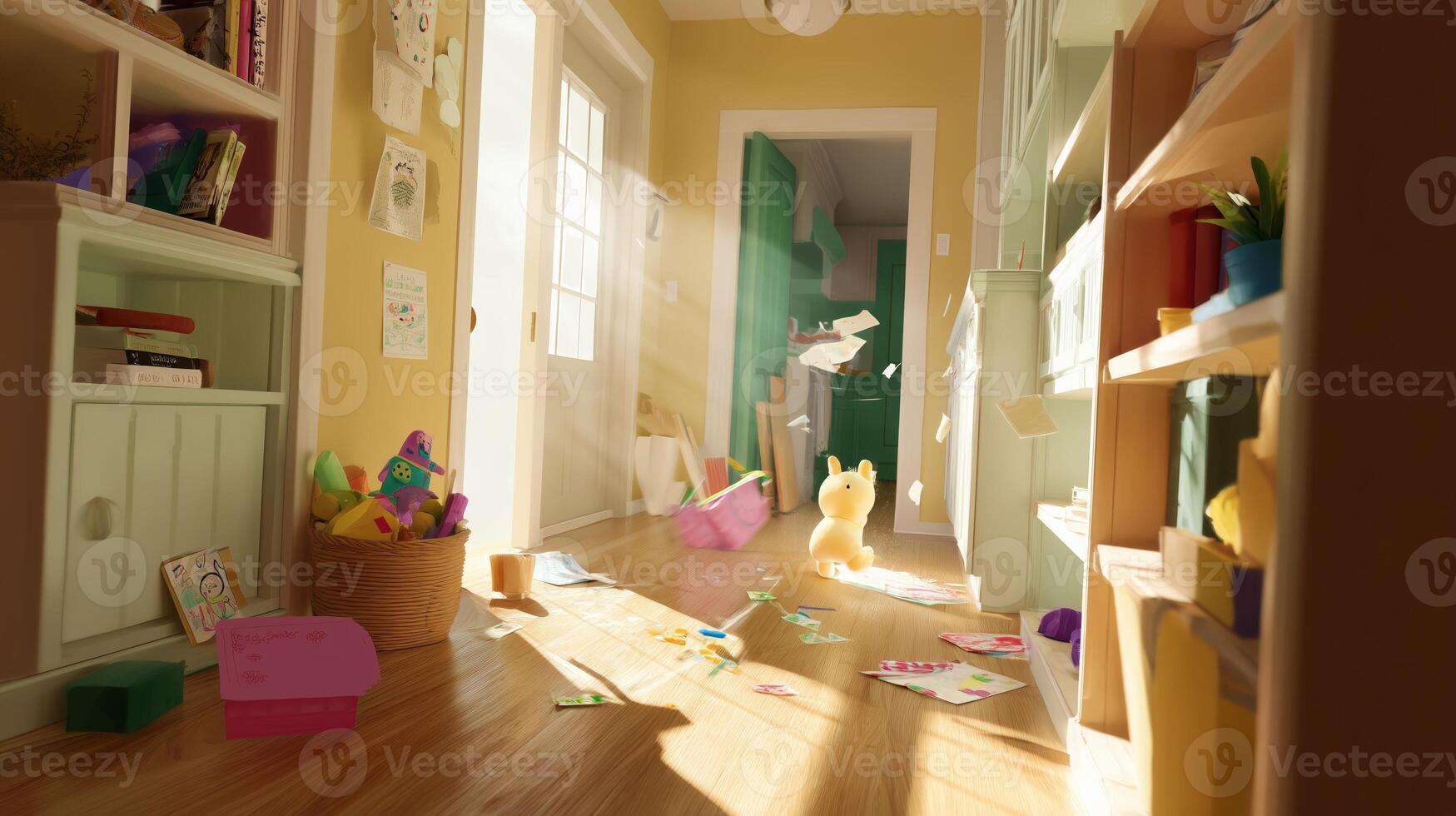 Busy home interior with scattered toys and playful atmosphere during afternoon light photo