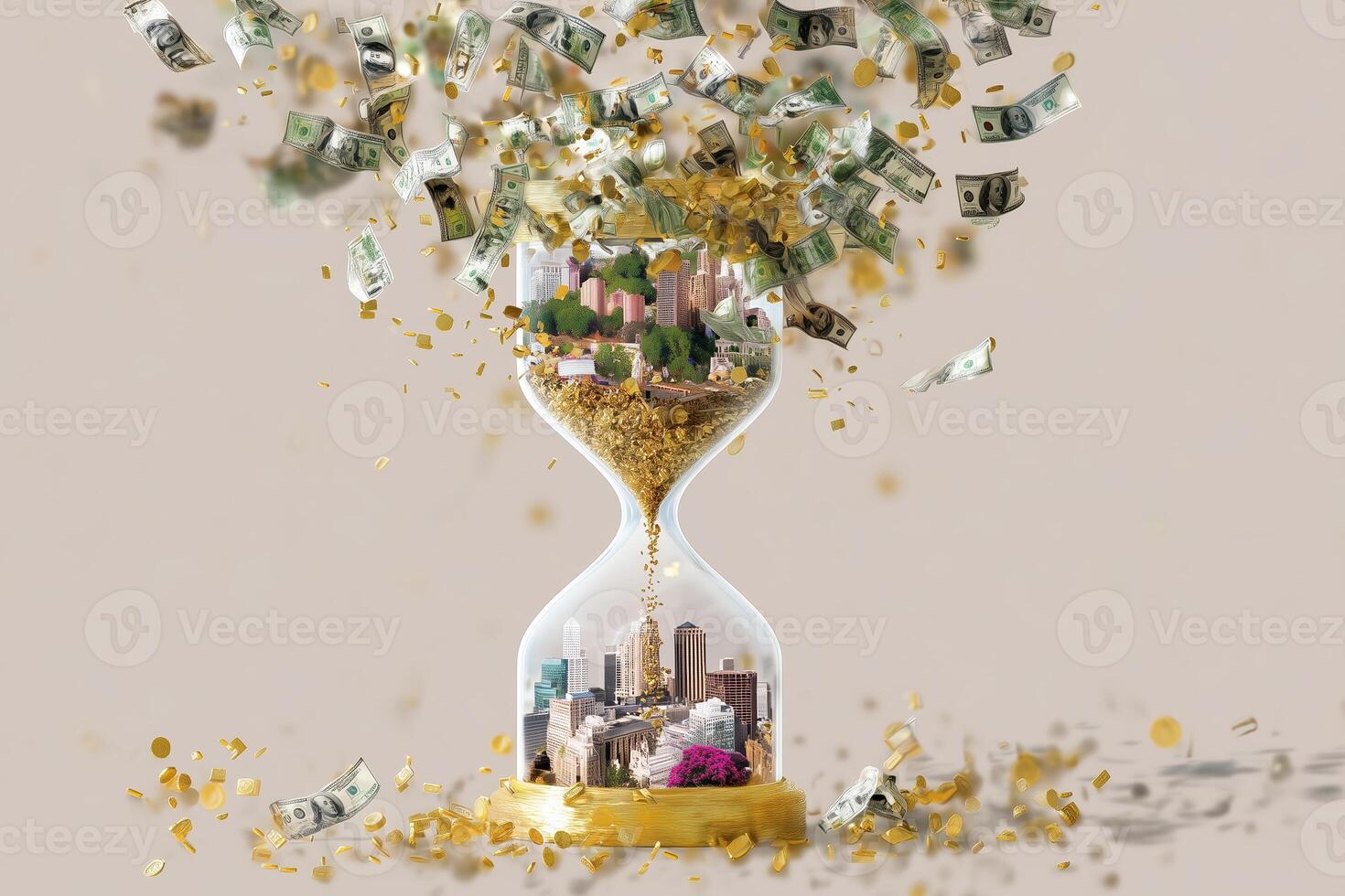 Conceptual illustration of time, money, and urban growth represented by an hourglass filled with cash and city skyline photo