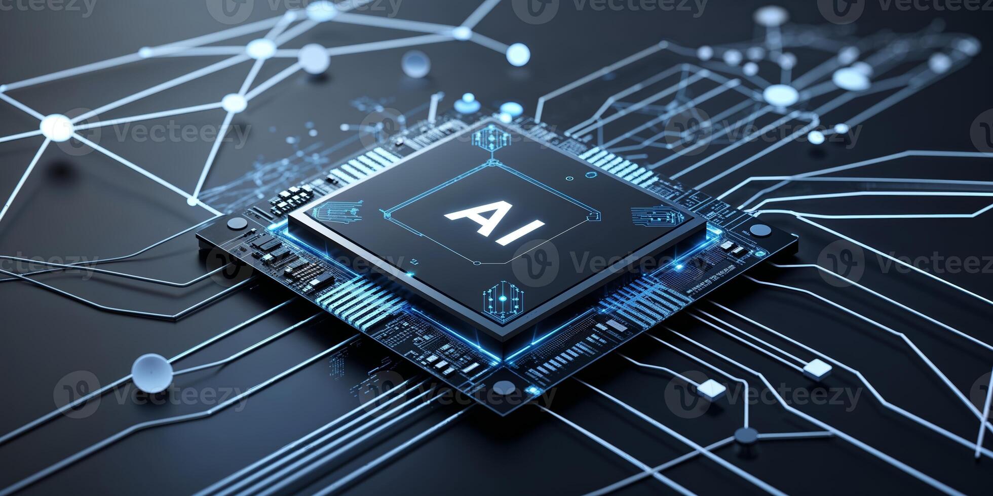 Artificial intelligence processor on a circuit board with intricate designs and glowing connections photo