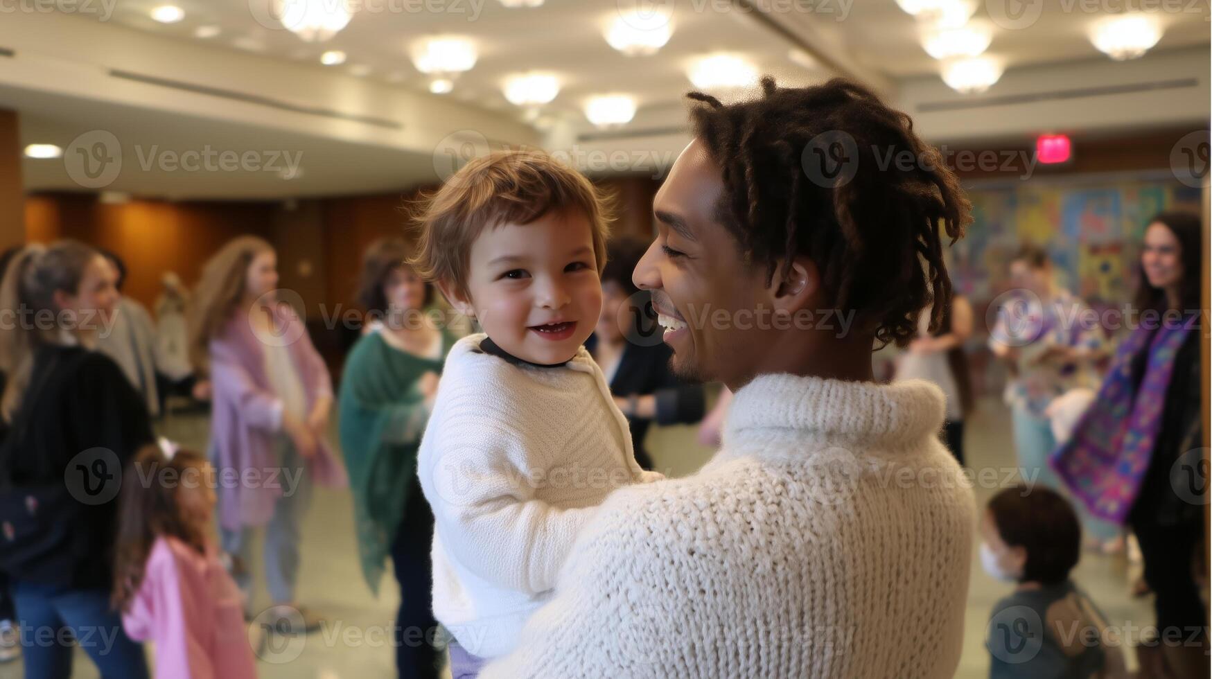 Joyful gathering of families enjoying a community celebration with children in a vibrant indoor space photo