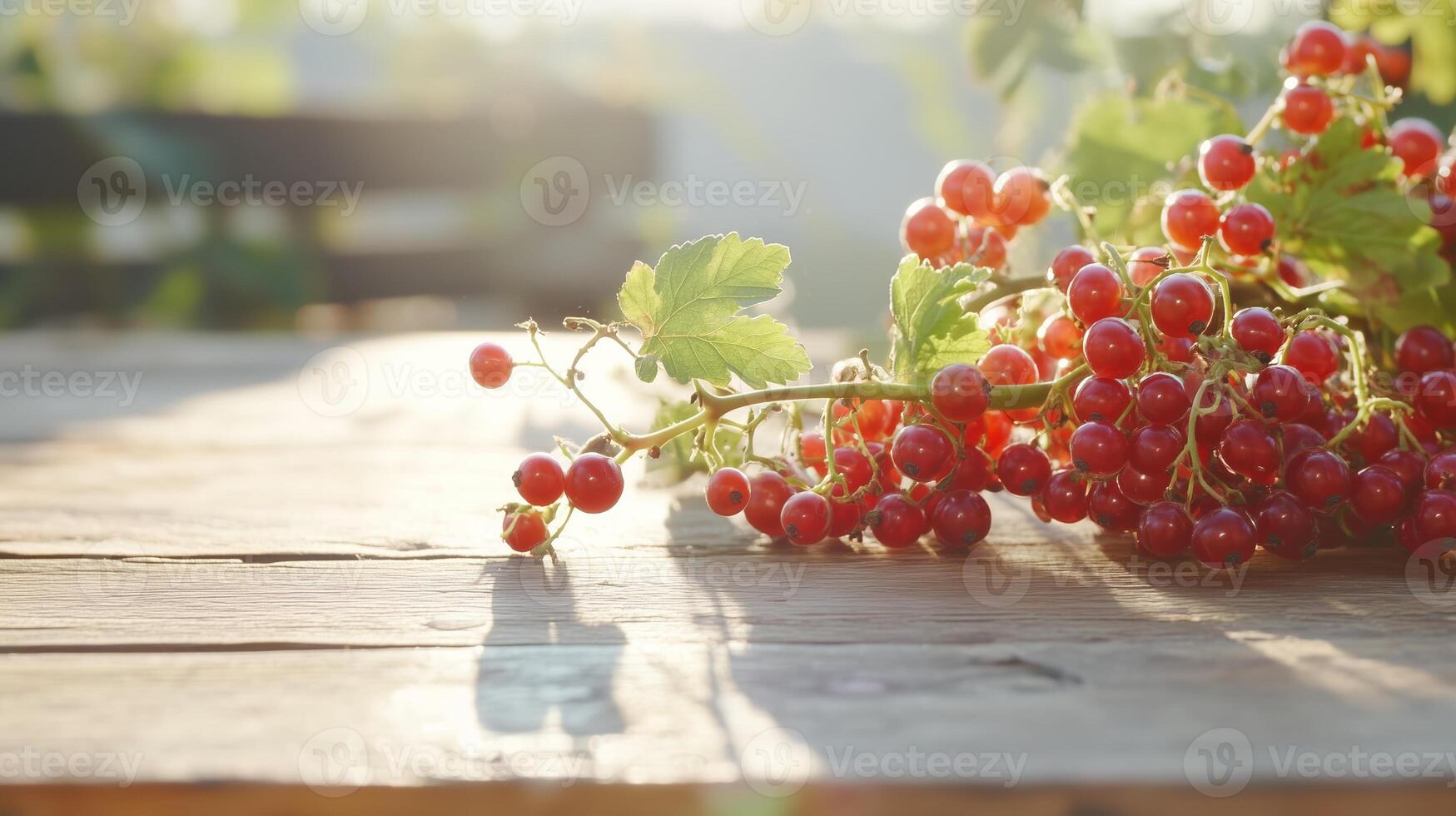 Freshly harvested red currants showcased on a rustic wooden table in late afternoon sunlight photo