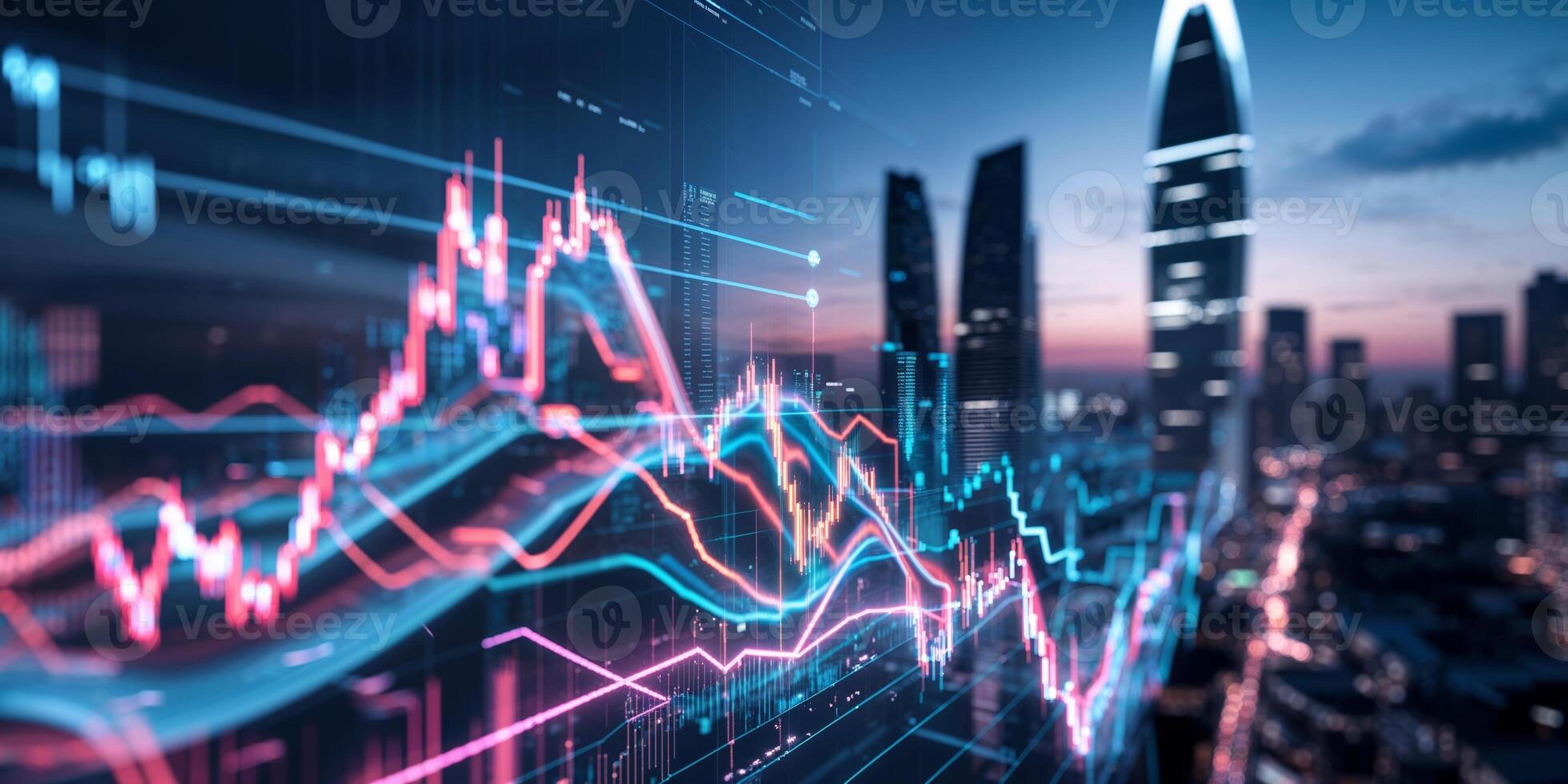 Trends in financial data visualized against a modern city skyline during twilight hour photo
