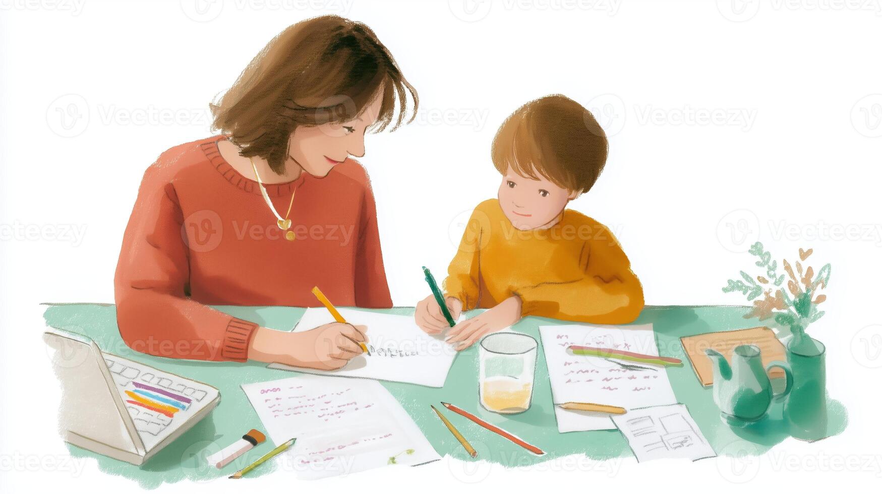 Mother and child engaged in creative writing activity at home during afternoon hours photo