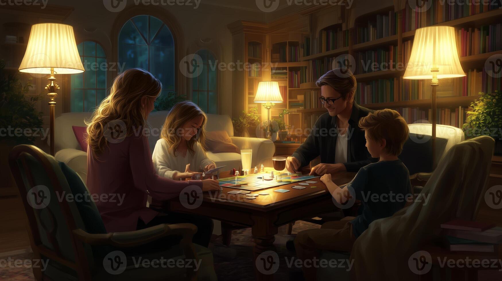 Family game night in a cozy living room with warm lighting and laughter during evening hours photo