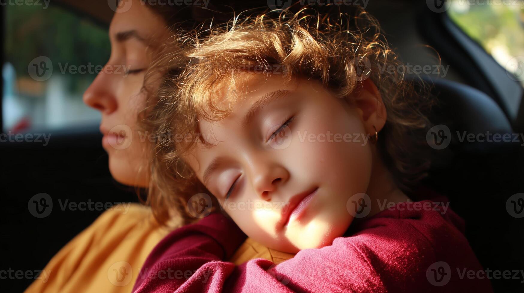 Embracing warmth in a car during a sunny afternoon with a child resting on adult's shoulder photo