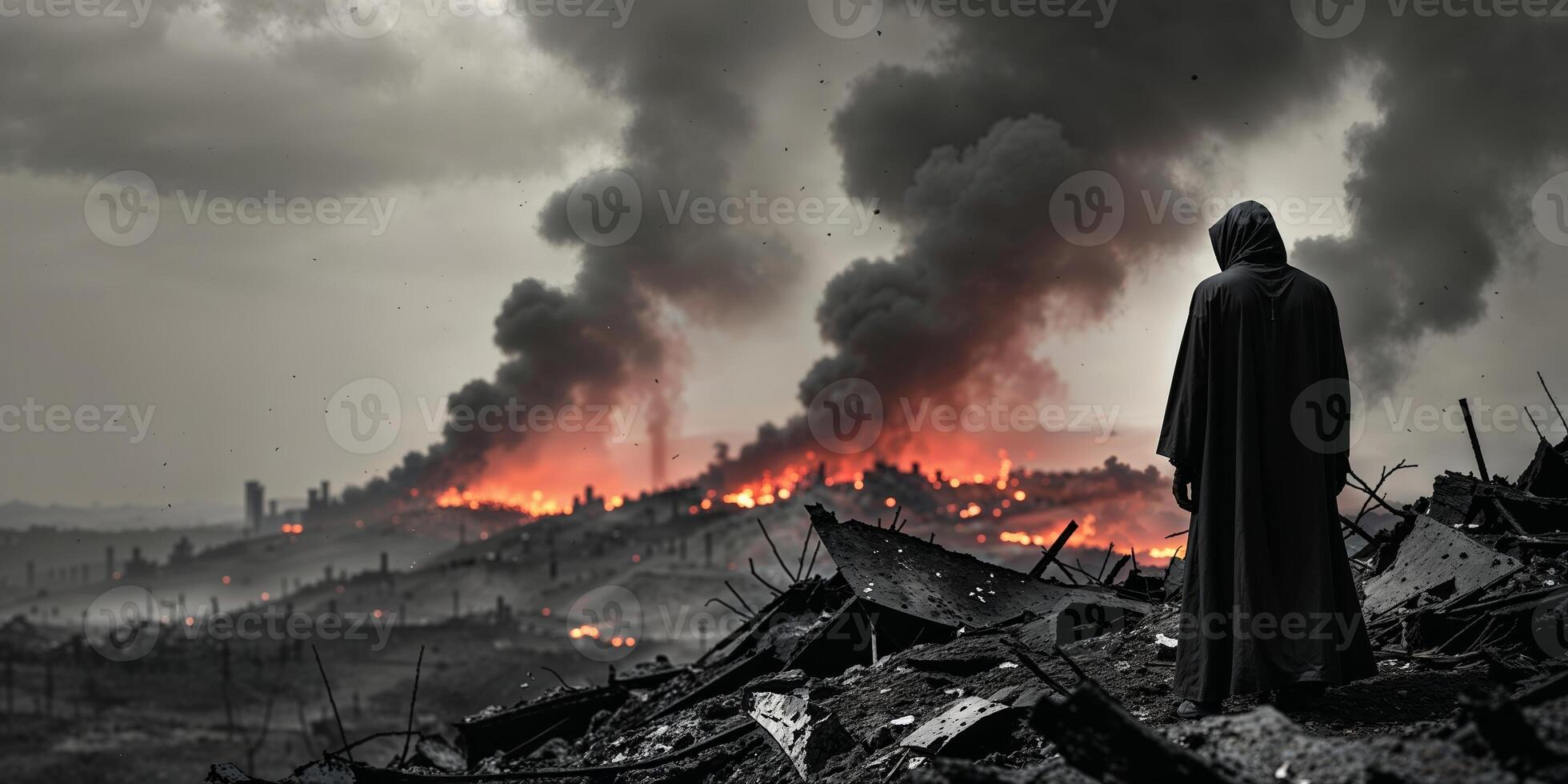 Desolation and despair fill the landscape amid flames and smoke at a war-torn site during the late hours of the day photo