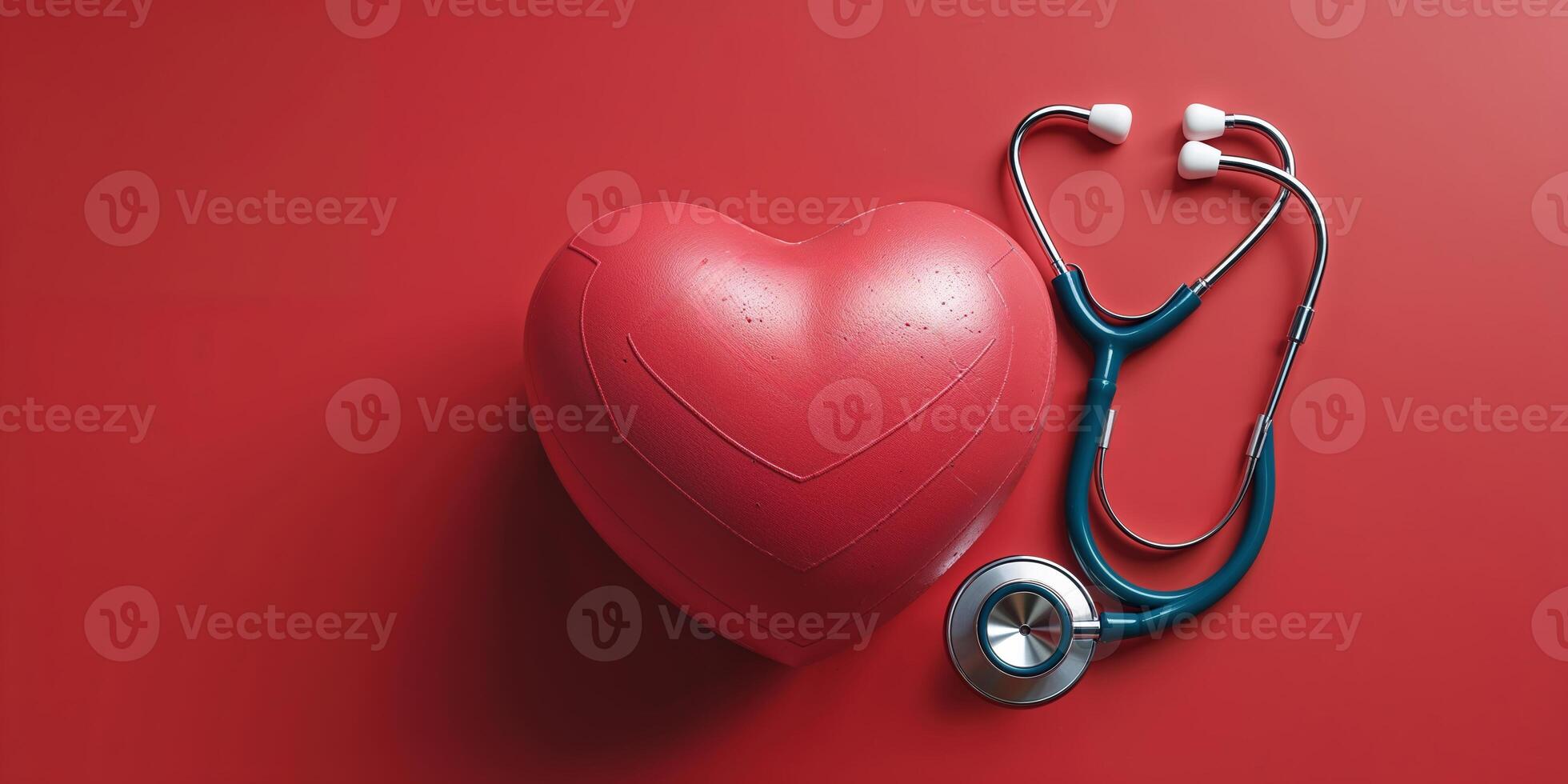 Heart symbol and stethoscope on a vibrant red background representing healthcare and wellness photo