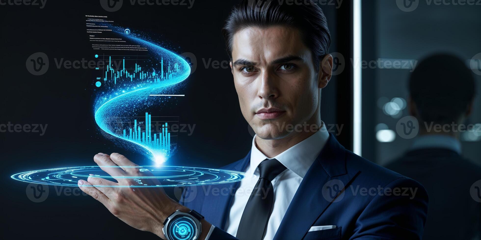 Businessman in a suit interacting with holographic data display in a modern office setting during the evening photo