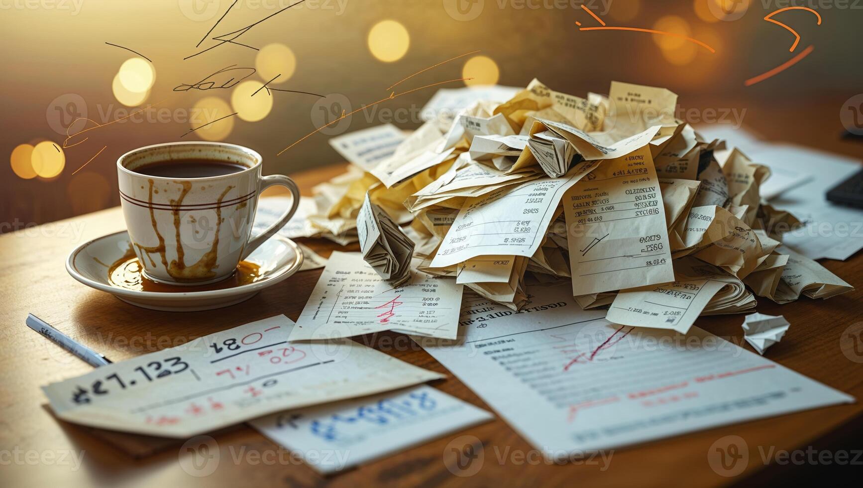 Coffee cup beside a pile of crumpled receipts on a wooden table in a cozy setting during evening hours photo
