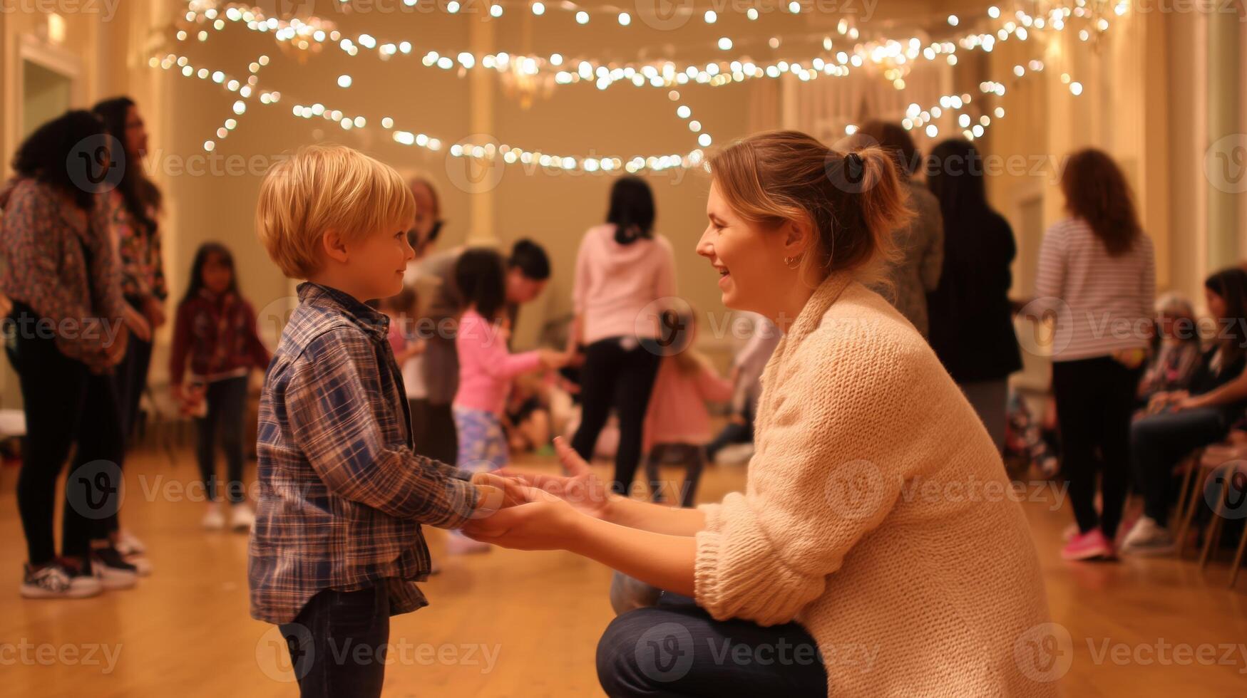 Family fun and connection at a community gathering in a warmly lit hall during an evening event photo