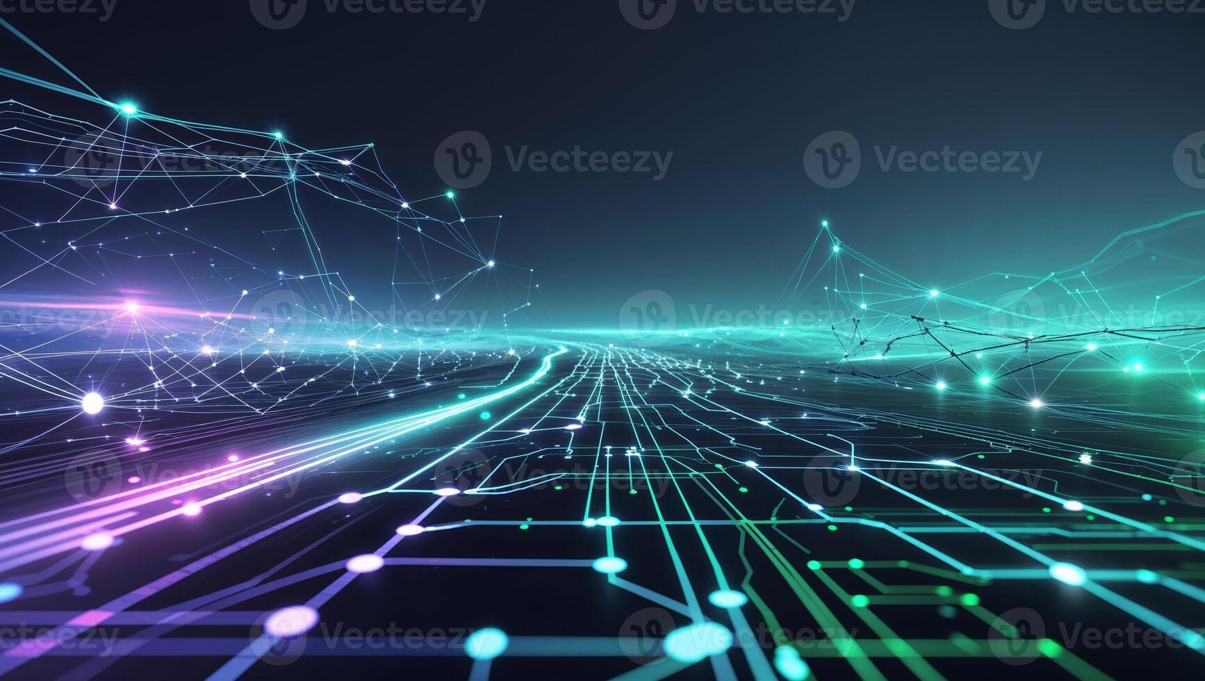 Abstract digital landscape featuring glowing lines and nodes representing data flow and connectivity in a futuristic setting photo